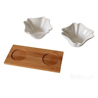 Set 3 pz Salsera Cremera Bowls de loza ovalado con Base madera 380 ml